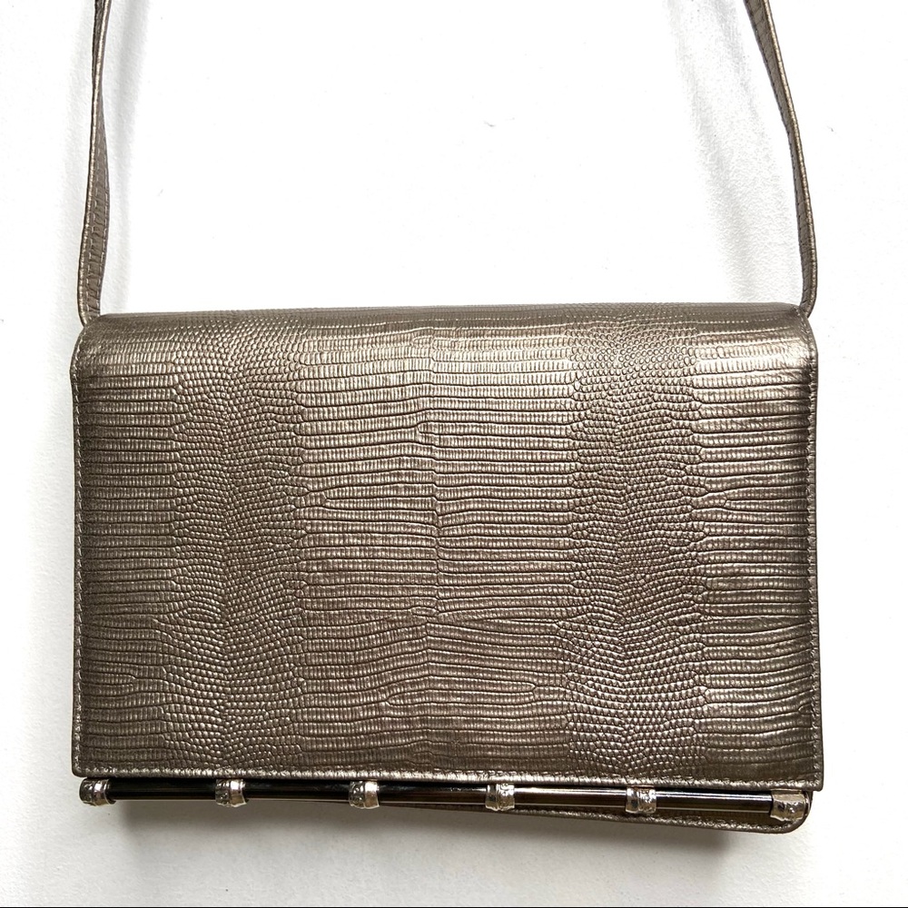 Vintage RODO Italy Reptile Embossed Metallic Leather Bag With Metal Detail